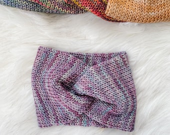 Purple/Blue Merino Wool Knit Adult Women Headband, Twisted Ear warmer, Eco-Friendly Wool, Luxury Wool