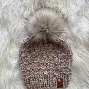 Neutral/beige/tan Merino Wool Knit Adult Women Beanie with Faux Fur Pom, Hand Knit Chunky Knit Pom Beanie, Eco-Friendly Wool Hat