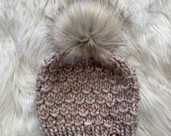 Hand Knit Merino Wool Beanie, Chunky Knit Pom, Eco-Friendly