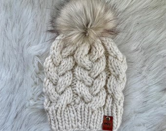 Natural Merino Wool Knit Cable Adult Women Beanie with Faux Fur Pom, Hand Knit Chunky Knit Pom Beanie, Eco-Friendly Wool Hat