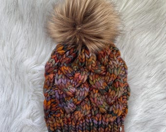 Hand Knit Chunky Merino Wool Beanie, Faux Fur Pom, Women's Cable Knit Hat