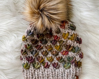 Hand Knit Merino Wool Beanie, Lotus Flower, Faux Fur Pom