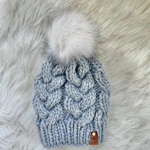 Blue Grey Merino Wool Cable Knit Beanie with Faux Fur Pom