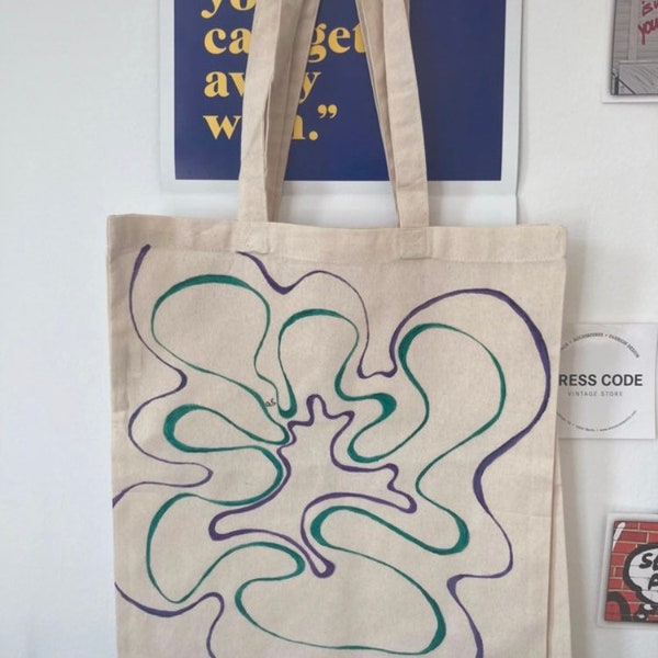 cotton tote bag with abstract lines design - blue green