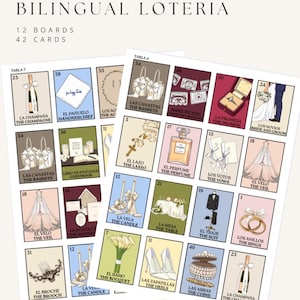 Op de afbeelding: Een tweetalig bruiloft loterijspel met 12 borden en 42 kaarten. De kaarten bevatten illustraties van huwelijksgerelateerde items zoals champagne, een boeket, ringen en een sluier. De tekst is in het Engels en Spaans.