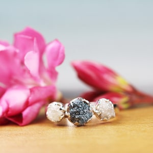 Raw Diamond Solid Silver Ring, Raw Diamond Engagement Rings, Triple Raw Diamond Ring, Raw Gemstone Engagement rings, Rough Diamond Ring