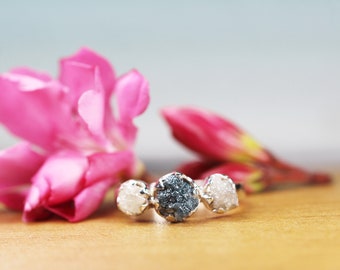 Raw Diamond Solid Silver Ring, Raw Diamond Engagement Rings, Triple Raw Diamond Ring, Raw Gemstone Engagement rings, Rough Diamond Ring