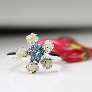 Raw Diamond Ring, Uncut Diamond Ring, Diamond Engagement Ring,Raw Blue-Grey Diamond Ring,Silver Handmade Ring,April Birthstone,Gift For Her