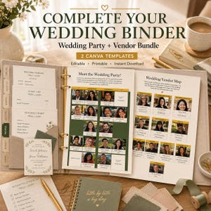 May include: A wedding binder with gold rings containing printed templates for a wedding party and vendor map. The pages feature text including Complete Your Wedding Binder, Wedding Party + Vendor Bundle, Meet the Wedding Party, and Wedding Vendor Map, alongside various checklists and a seating chart.