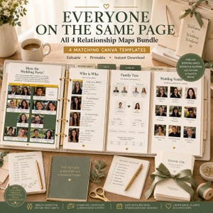 May include: A wedding planning bundle featuring four Canva templates titled Everyone on the Same Page. The set includes a ring binder with pages for a wedding party, family tree, and vendor list, alongside a notebook, checklist, and thank you cards.