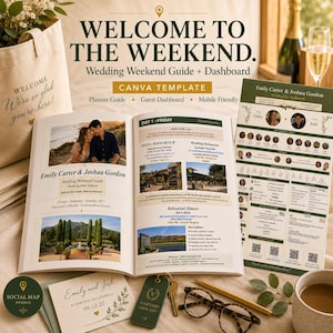 May include: A wedding weekend guide and dashboard Canva template featuring an open booklet with photos of a couple and venue, a guest dashboard, a welcome tote bag, a key tag, a card with the text Emily and Josh, and tortoise shell glasses.
