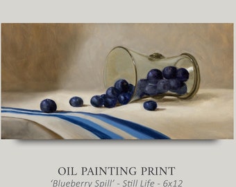 Blueberry Still Life Oil Painting Print: Fine Art Realism (6x12)
