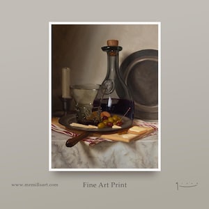 Fine Art Oil Painting Print | Wine Cheese & Olive Food Painting | Fine Art Still Life Realism