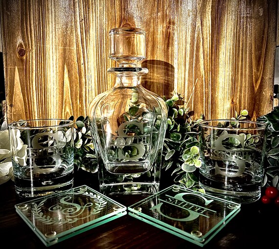 Personalized Whiskey Cognac Decanter set w/ cocktail glasses and