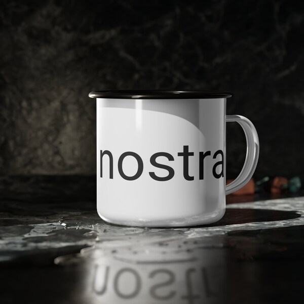 Cosa Nostra Enamel Camp Mug - 12 oz Rugged Black & White Steel Coffee Cup Glossy Mafia-Themed Mug
