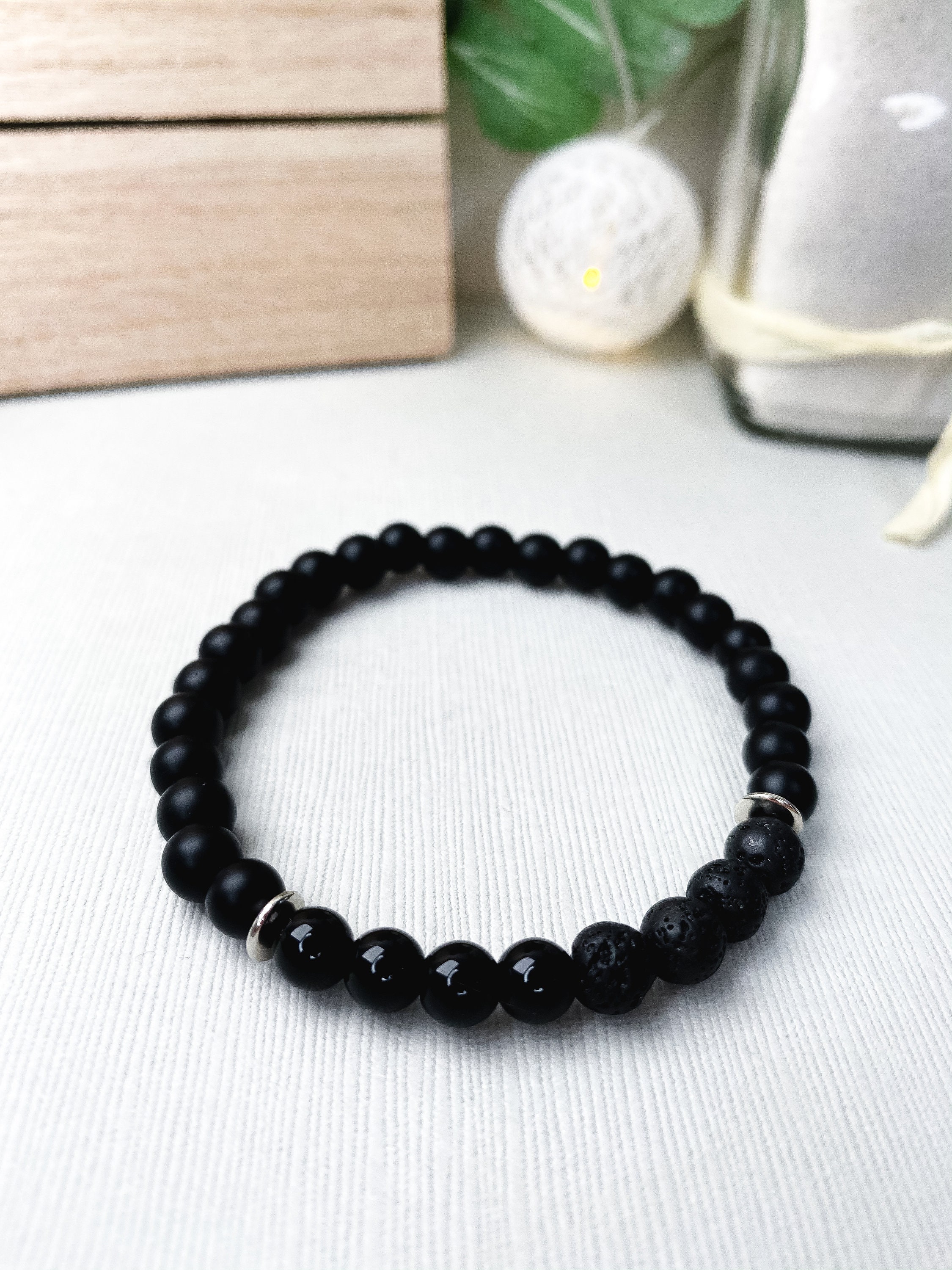 Black Lava Stone 8mm Beaded Stretchy Bracelet with Light Blue Sponge Coral Focal Beads Men/'s Matte Black Agate