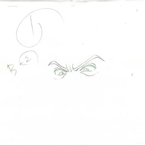 Puede incluir: Un boceto de un par de ojos enojados con iris verdes y cejas gruesas y fruncidas. El dibujo est&aacute; hecho con tinta negra sobre papel blanco, con marcas de l&aacute;piz y anotaciones adicionales.