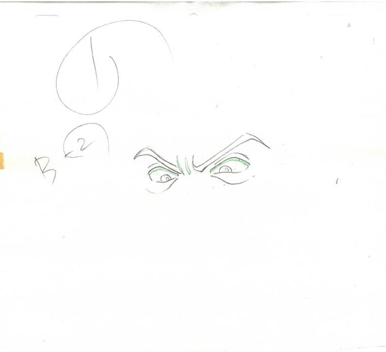 Puede incluir: Un boceto de un par de ojos enojados con iris verdes y cejas gruesas y fruncidas. El dibujo est&aacute; hecho con tinta negra sobre papel blanco, con marcas de l&aacute;piz y anotaciones adicionales.