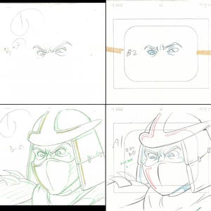 Puede incluir: Cuatro celdas de animaci&oacute;n que muestran la cara de un personaje. La primera celda muestra un boceto de los ojos. La segunda celda muestra los ojos en un cuadro rectangular. La tercera y cuarta celdas muestran la cara del personaje con casco y m&aacute;scara.