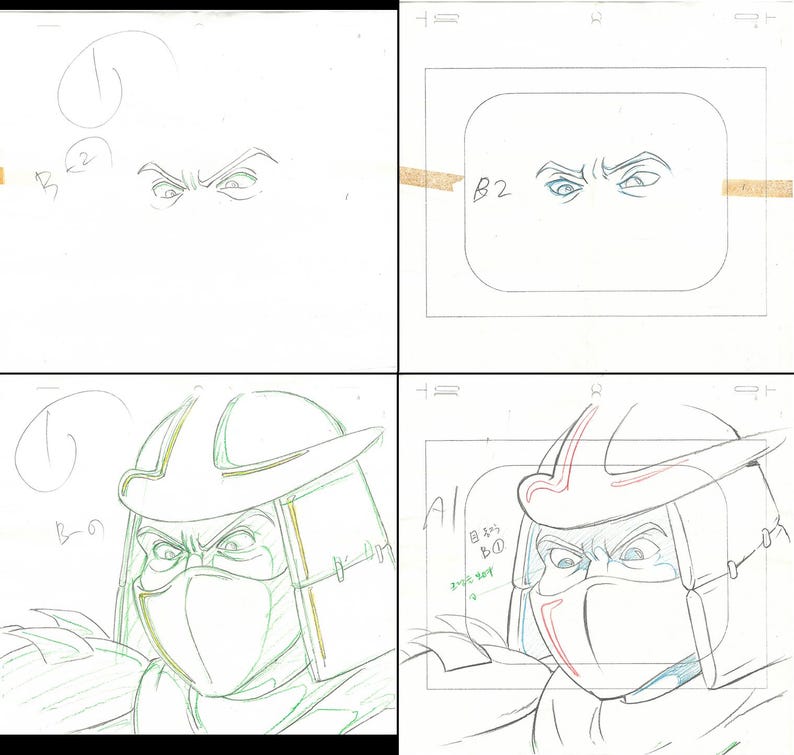 Puede incluir: Cuatro celdas de animaci&oacute;n que muestran la cara de un personaje. La primera celda muestra un boceto de los ojos. La segunda celda muestra los ojos en un cuadro rectangular. La tercera y cuarta celdas muestran la cara del personaje con casco y m&aacute;scara.