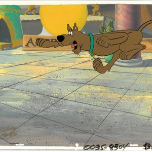 Scooby-Doo-Original Production Cel with MASTER hand-painted background and the Official Seal Hanna-Barbera Seal (c. 1985)