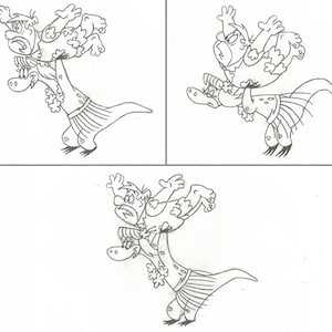 May include: A black and white line drawing of a cartoon character riding a dinosaur. The character is wearing a skirt and has a flower in their hair. The dinosaur is wearing a lei.