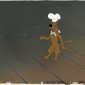Scooby-Doo-Original Production Cel with MASTER hand-painted background and the Official Seal Hanna-Barbera Seal (c. 1985)