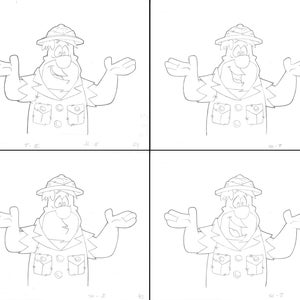 Puede incluir: Cuatro paneles de un personaje de dibujos animados con un atuendo de safari, cada uno con una expresión ligeramente diferente. El personaje tiene un sombrero, una camisa con cuello y bolsillos y sonríe con los brazos extendidos. Los paneles están delineados en negro.