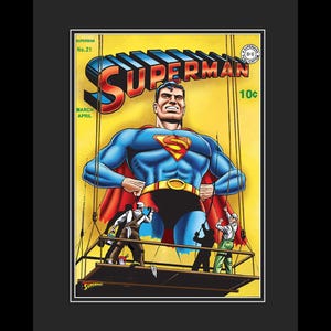 May include: A framed vintage Superman comic book cover. The cover features Superman in a blue suit with a red cape, standing in front of a yellow background. The comic is labeled "Superman No. 21" and "10¢".