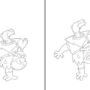 May include: A black and white line drawing of a cartoon character with their head stuck in a box. The character is upside down and has their arms and legs sticking out of the box.