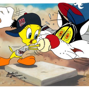 Tweety y Silvestre - Firmado por Charles McKimson - Celebridades de la MLB pintadas a mano - Mellizos y Bravos