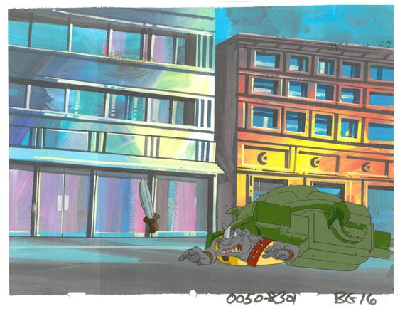 Rocksteady from (TMNT) Turtles- Original Production Cel with Lithograph Background with MWS Seal