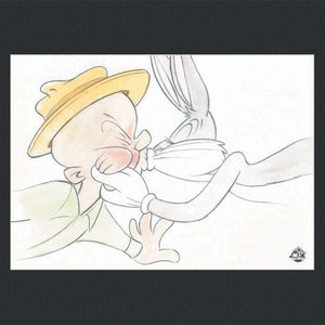 Bugs Kissing Elmer - L.E. Water Color Lithograph Matted