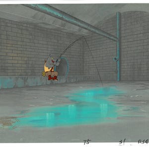 May include: An animated scene depicts a cartoon character fishing in a sewer. The character, wearing a yellow vest and red boots, sits on a ledge. The sewer is made of gray brick, with a turquoise puddle reflecting the light.