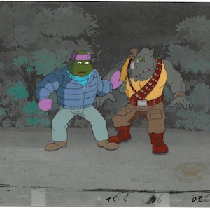 May include: A green turtle wearing a blue winter jacket and pink gloves stands next to a gray rhinoceros wearing a yellow shirt and brown pants. The rhinoceros has a brown bandolier and a brown belt with a silver buckle. The background is a dark forest with a starry night sky.