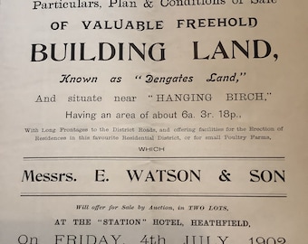 Ancien document de vente de terrain à bâtir de 1902. Situé dans la belle campagne anglaise. Belle typographie et patine.