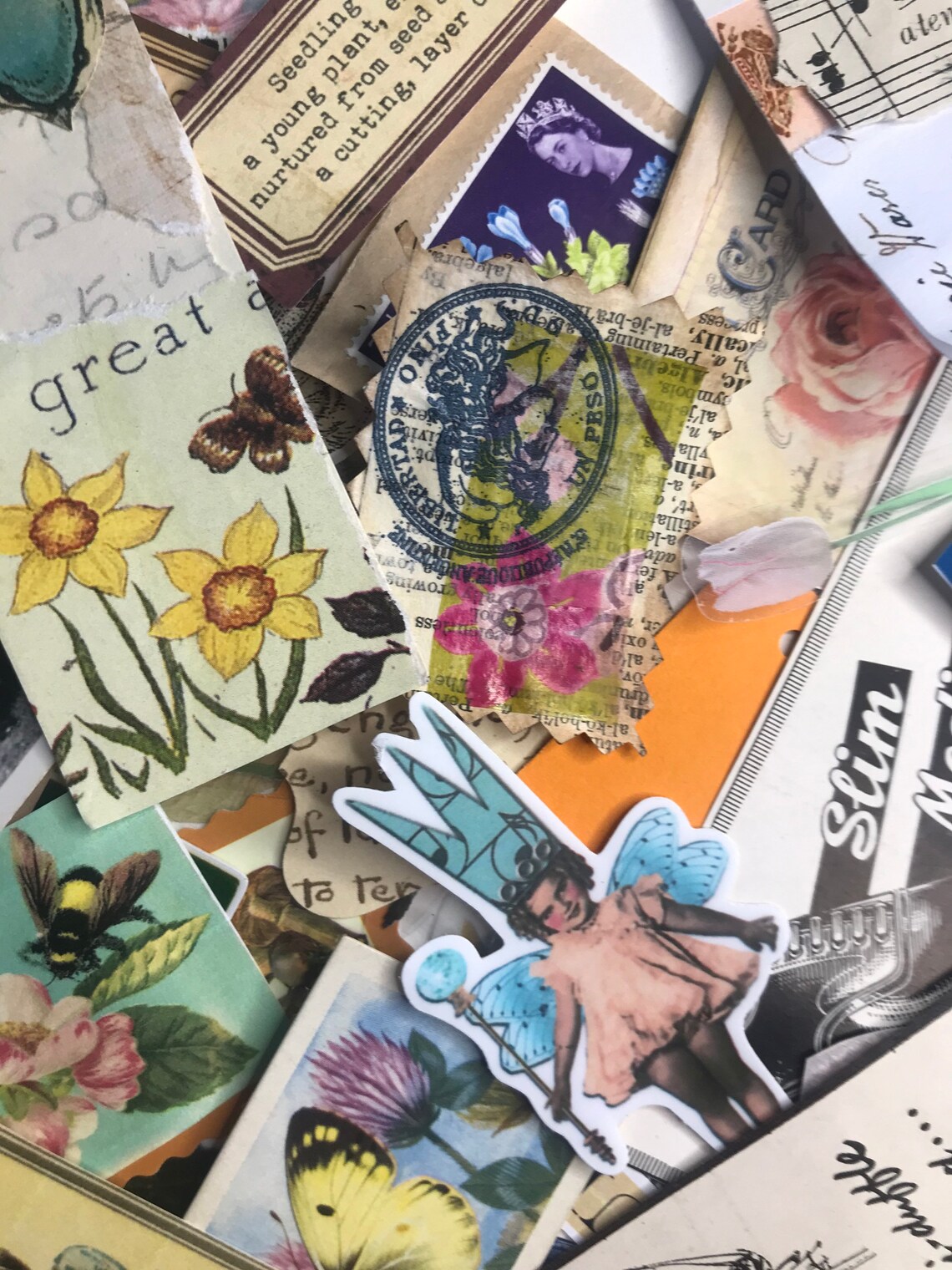 Mini ephemera collection in unique collaged box. Great for Etsy