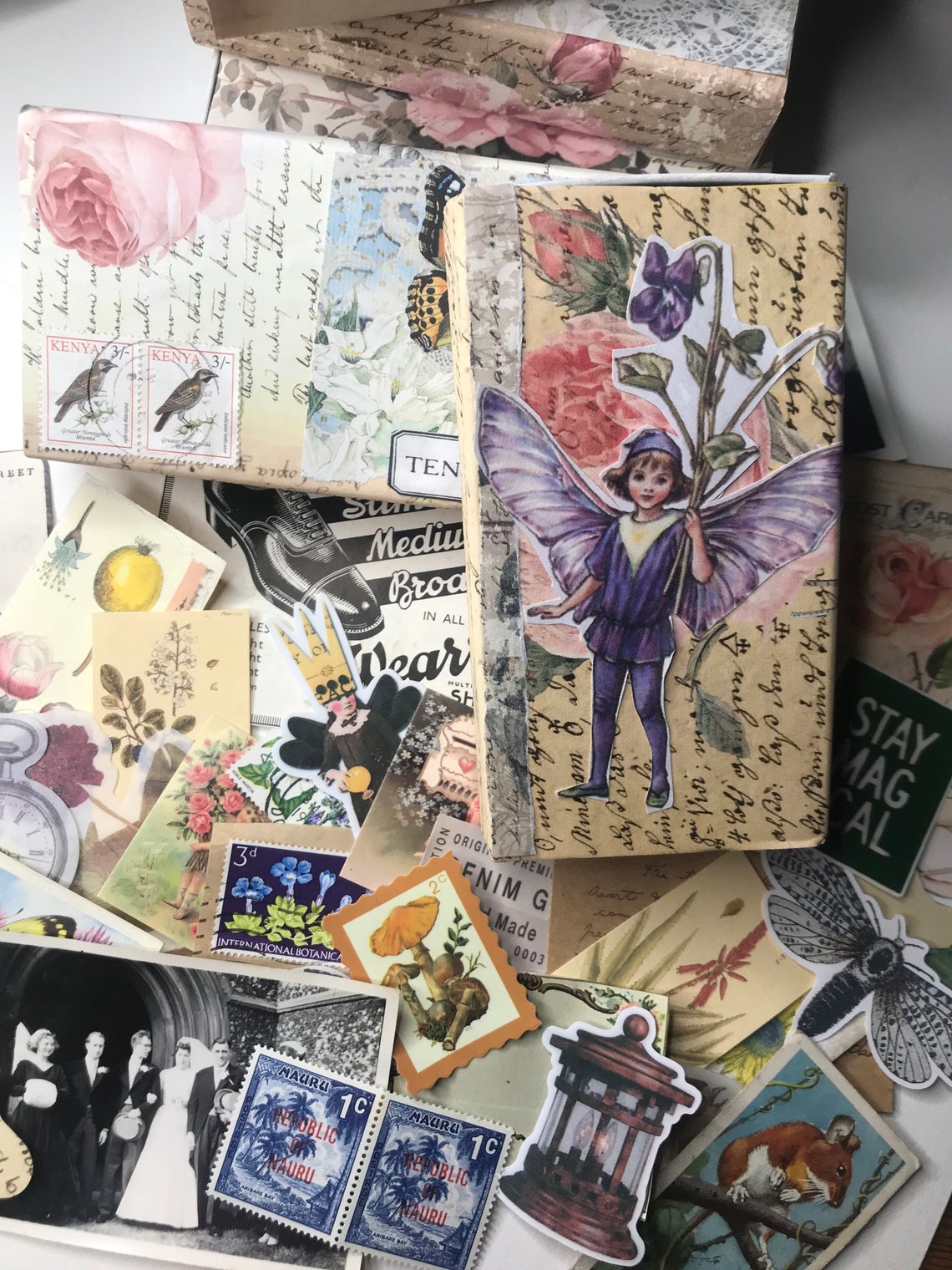 Mini ephemera collection in unique collaged box. Great for Etsy