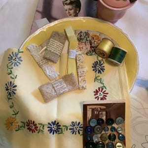 Gorgeous Vintage Yellow Floral Traycloth and  Haberdashery. Great selection of vintage items for Slow Stitching and Needlework.