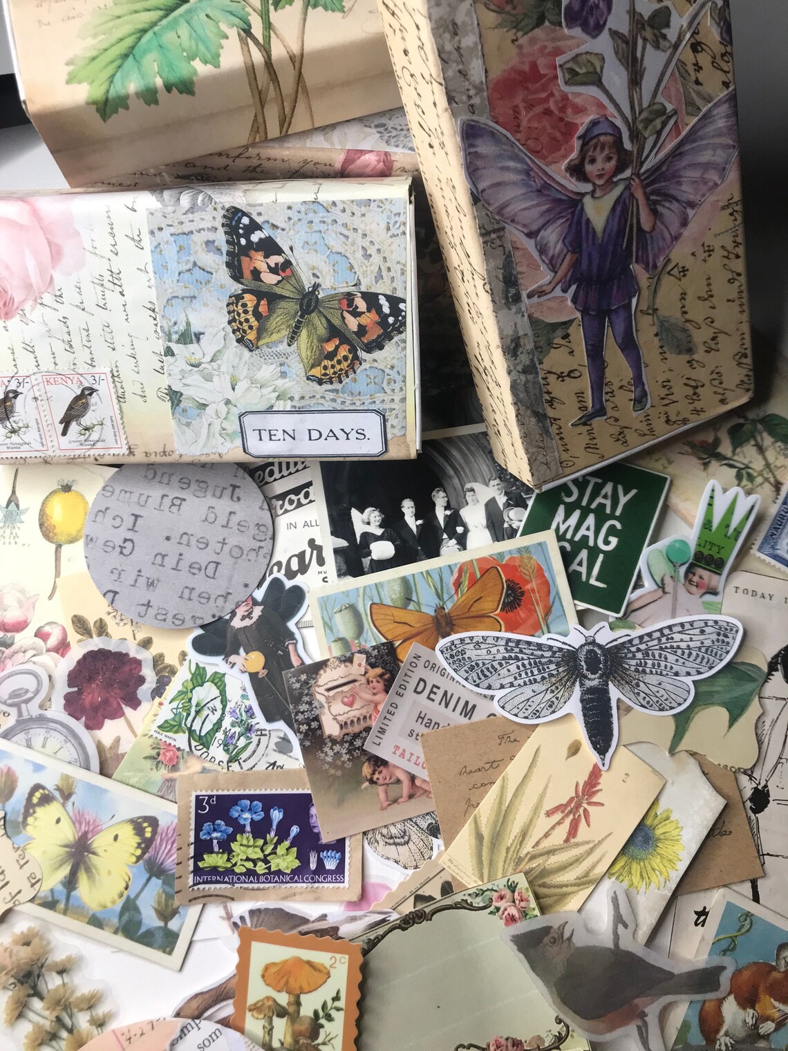Mini ephemera collection in unique collaged box. Great for Etsy