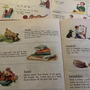 Vintage illustriertes Kinder-Wörterbuch und französische Wörter und Phrasen Buchseiten. Schön zum Einrahmen, für Scrapbooking, Journaling etc.
