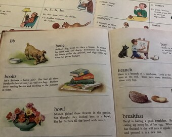 Children’s Vintage Illustrated Dictionary and French Words and Phrases Book pages. Lovely for framing, scrapbooking, journaling etc.