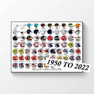 Helmets of Every Formula One World Champion Signed 1950-2022 Poster Print A4