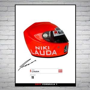 May include: A poster depicting a red racing helmet with the name "NIKI LAUDA" in white. The helmet has a black visor and Marlboro branding. Below the helmet is a signature, the name "NIKI LAUDA", and the number "11". The poster is framed in black.