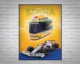 May include: Poster featuring a racing helmet and a Formula 1 car. The helmet is yellow, green, and blue with the text "HONDA" and "BOSS". The car is white, red, and black. The poster has the name "Ayrton Senna" and the year "1988".