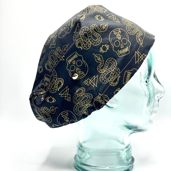 Black and Gold Skull and Skeleton scrub cap