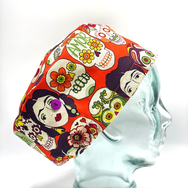 Frida Khalo Modern Surgical Scrub cap with buttons, Nurse Cap, Surgical cap women, Blue Scrub cap, Scrub cap for woman, Scrub cap