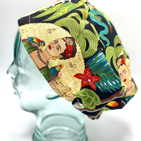 Frida Khalo Modern Surgical Scrub cap with buttons, Nurse Cap, Surgical cap women, Black Scrub cap, Scrub cap for woman, Scrub cap