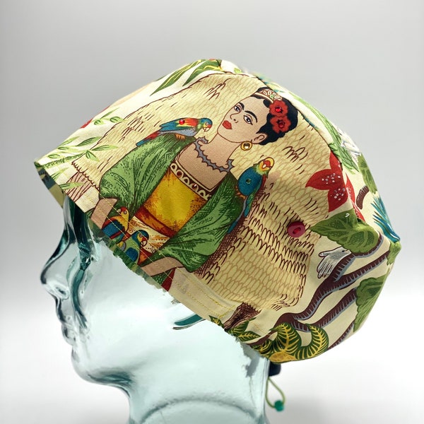 Frida Khalo Gorro quirúrgico moderno con botones, gorro de enfermera, gorro de quirófano mujer, gorro de fregado negro, gorro de fregado para mujer, gorro de fregado