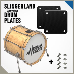 May include: A light wood grain bass drum with silver hardware and a white front head featuring the text DRUM STASH. Included are two black square plates with four corner holes each, plus four silver bolts and four matching metal nuts.